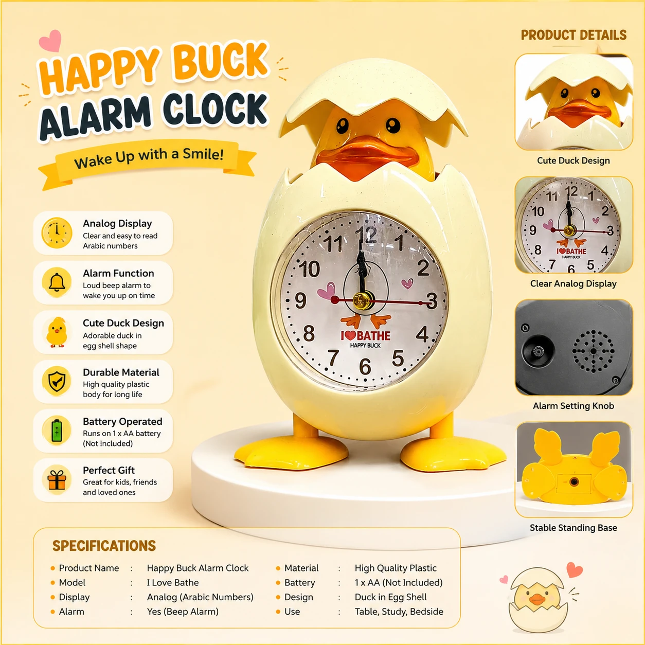Cute Duck Egg Shell Cartoon Alarm Clock – Kids Desk & Bedroom Table Clock with Night Light
