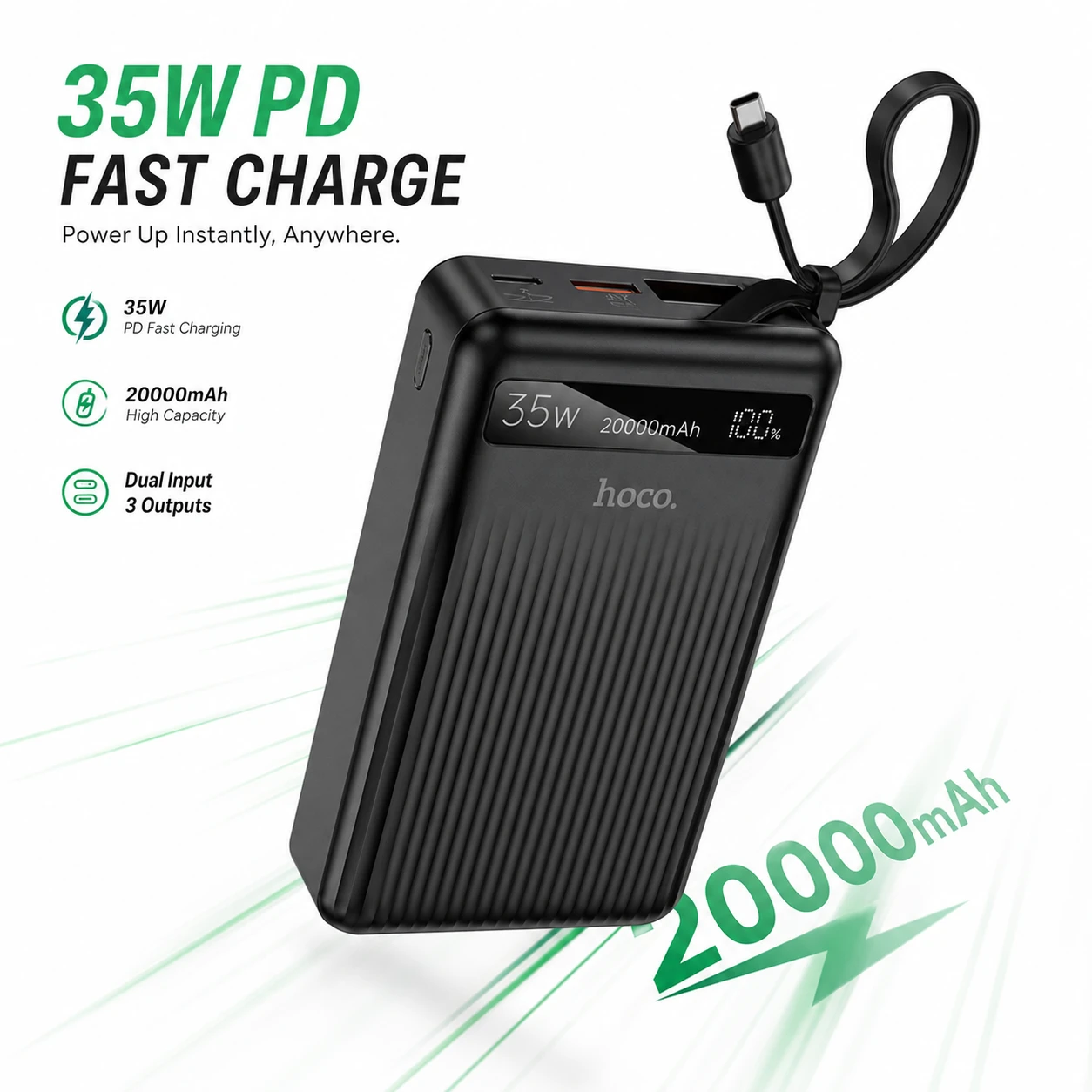 Hoco MMJ-04 20000mAh 35W PD Fast Charging Power Bank with Built-in Type-C Cable, LED Digital Display, QC3.0 & 22.5W Super Fast Charger for iPhone, Samsung, iPad & Type-C Devices