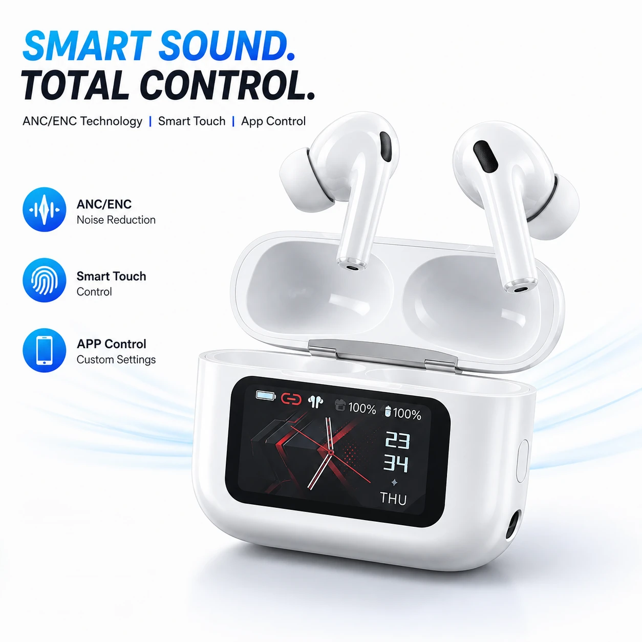 A9 Pro True Wireless Earbuds – Smart Touch Screen Display, ANC & ENC Noise Cancellation, Dedicated App Support & TWS Bluetooth Earphones