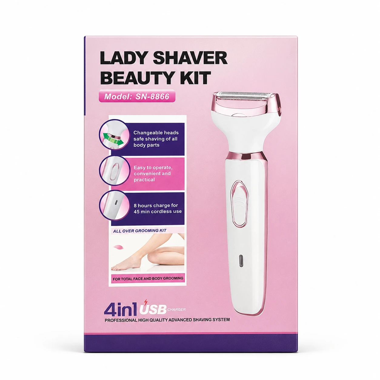 4-in-1 Rechargeable Lady Shaver & Hair Removal Beauty Kit – Painless Electric Razor, Eyebrow, Nose & Body Hair Trimmer with USB Charging & Portable Rose Gold Design