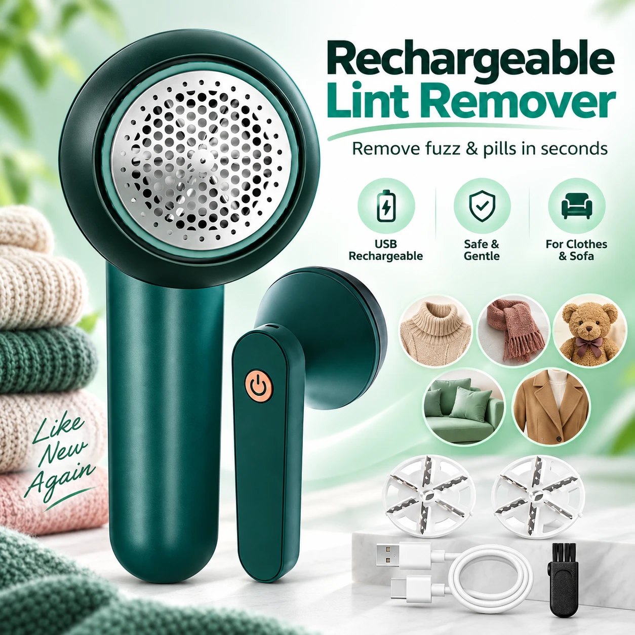 Rechargeable Fabric Shaver & Lint Remover – Electric Fuzz Trimmer with Safe Mesh Cover, USB Charging & Multi-Purpose Clothes Bobble Remover