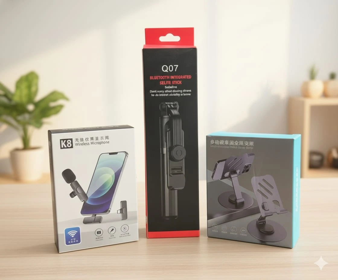 Smart Vlogger's Combo – K8 Wireless Lavalier Microphone, Q07 Bluetooth Selfie Stick Tripod & 360° Rotating Phone & Tablet Stand for Content Creators
