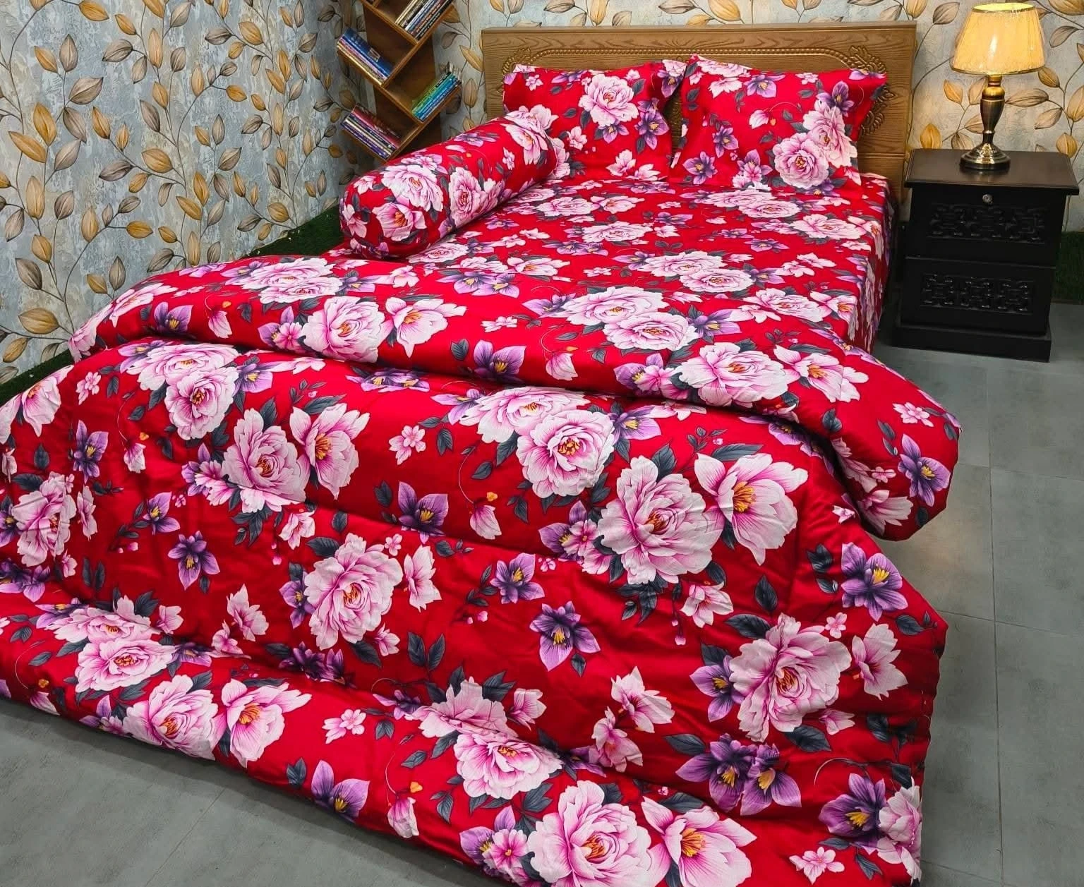 Red Floral 5 Pcs Premium Comforter Set - King Size Bedsheet With Comforter