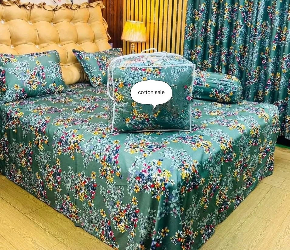 Green Floral Cotton 5 Pcs Comforter Set - King Size Bedsheet With Comforter