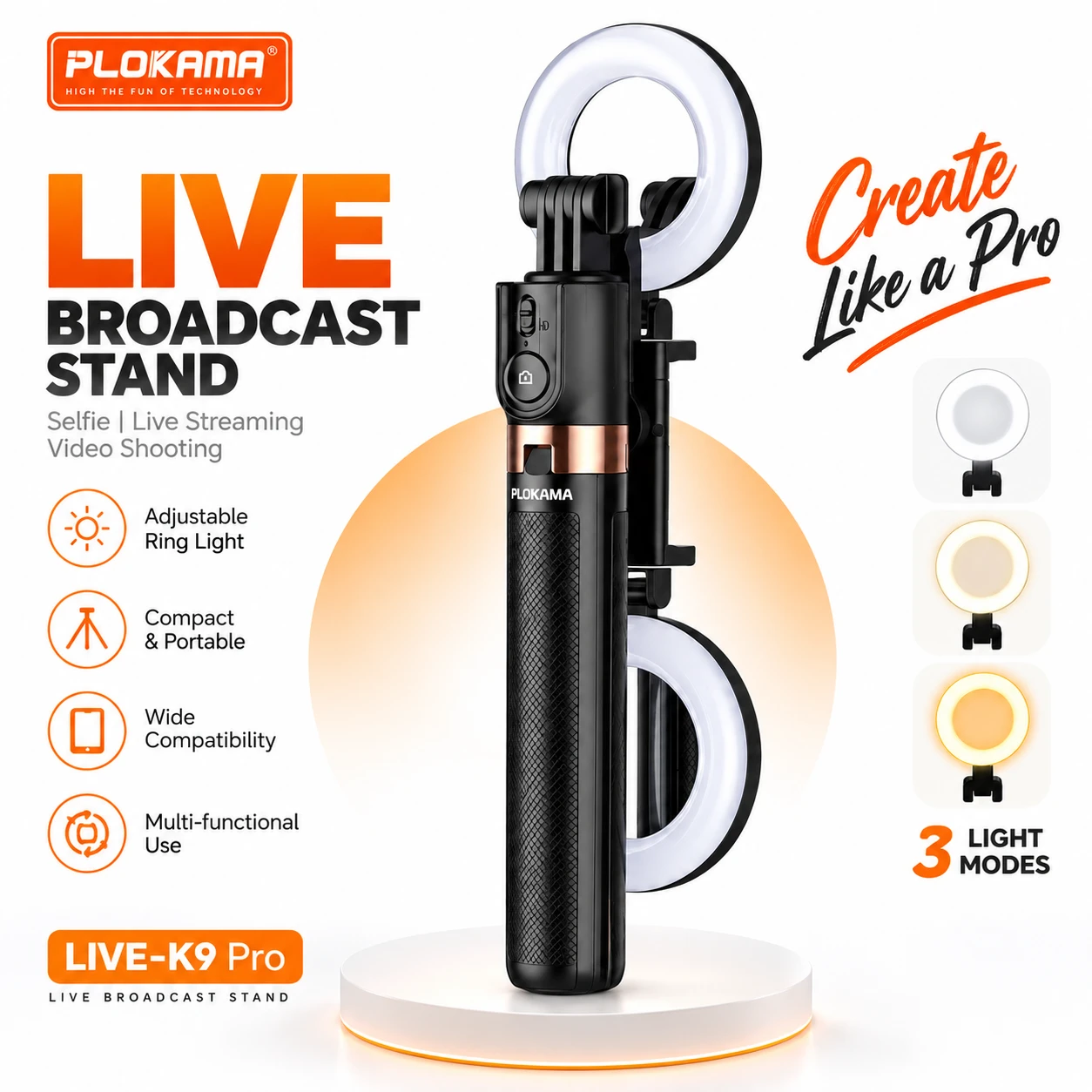 Plokama LIVE-K9 Pro 1700mm Ultra Long Selfie Stick & Tripod Stand – 5.6 Feet Extendable Vlogging Monopod with Ring Light, 10M Bluetooth Remote & Portrait/Landscape Mode
