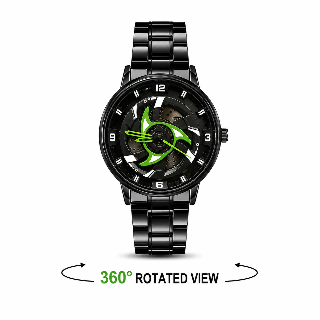 360° Rotating Car Wheel Rim Quartz Watch – Matte Black Metal Sports Wristwatch, 3D Alloy Rim & Brake Disc Dial, Stainless Steel Strap & Scratch-Resistant Glass for Men