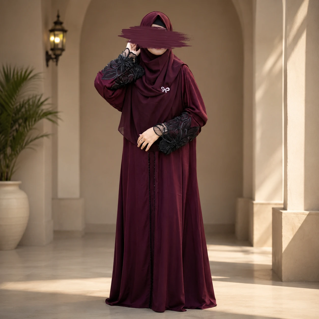 Premium Dubai Cherry Fabric: Elegant Lace Abaya Borka maroon Color