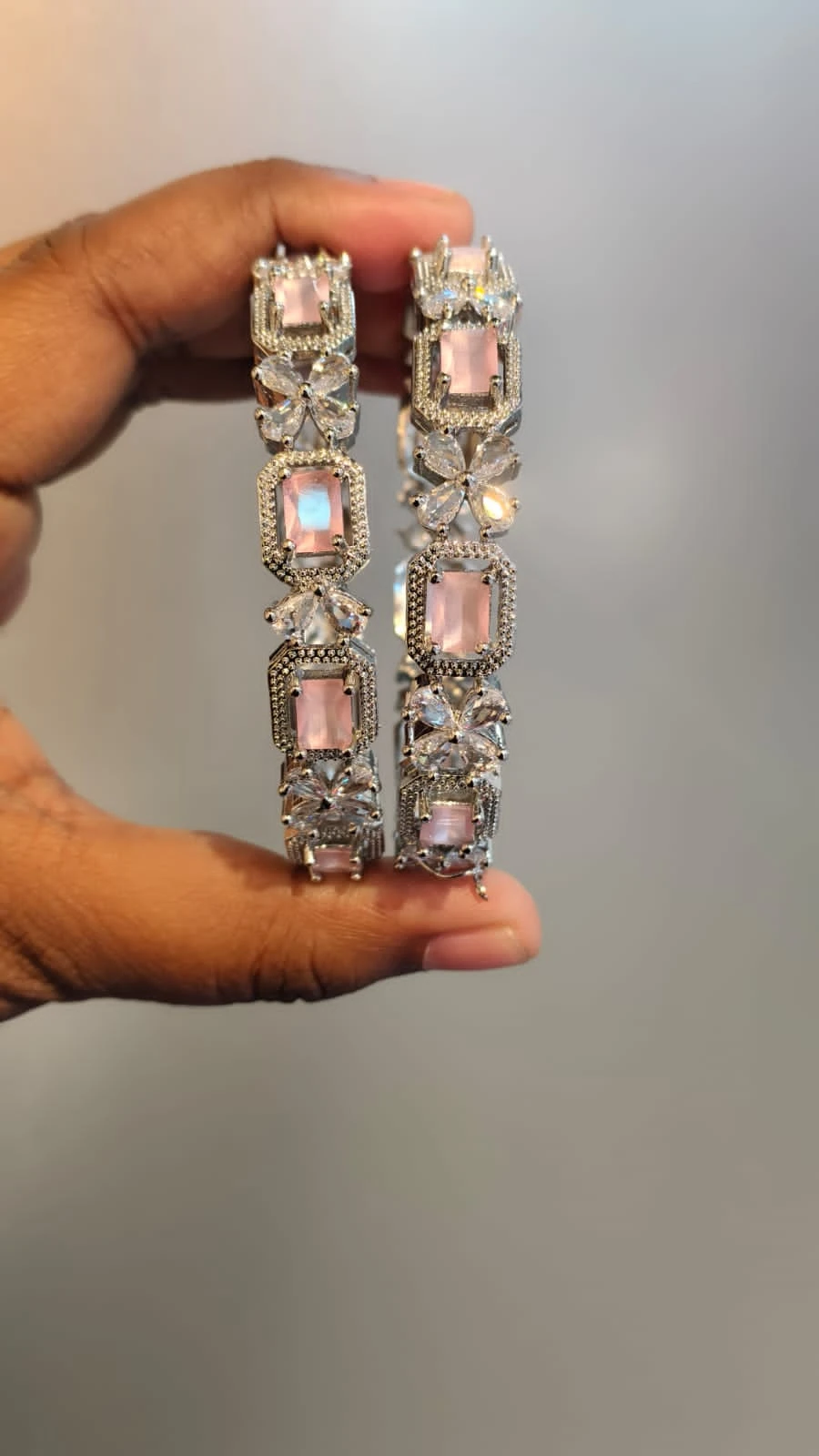 Pastel Pink American Diamond-Cut Premium Kada/Bangle Set (2 Pieces)