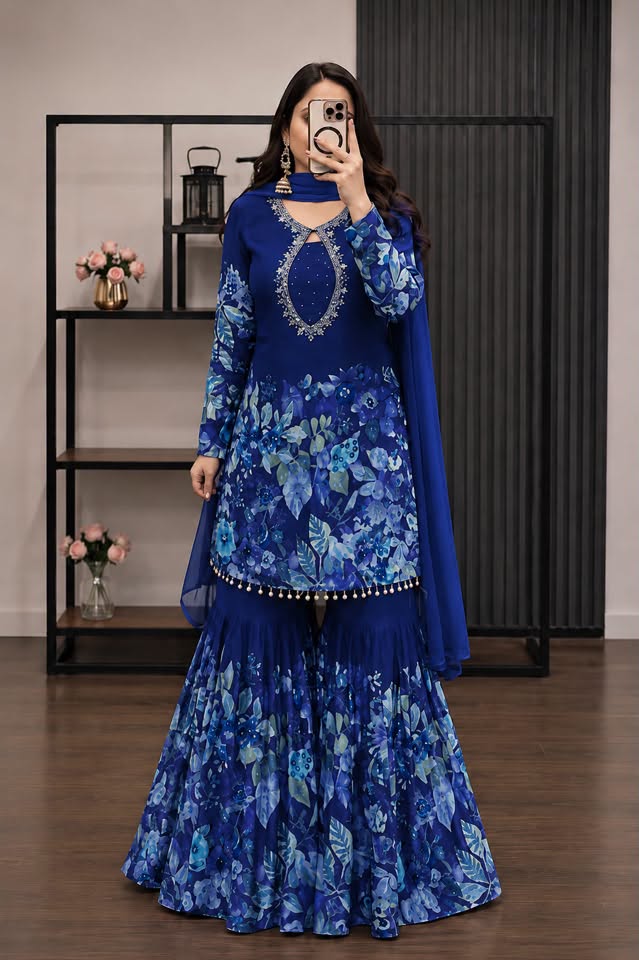 Royalty in Every Twirl 👑    Most Demanding Floral Sharara Set - 2 Beautiful Colors 💙💜  Royal Blue & Deep Purple