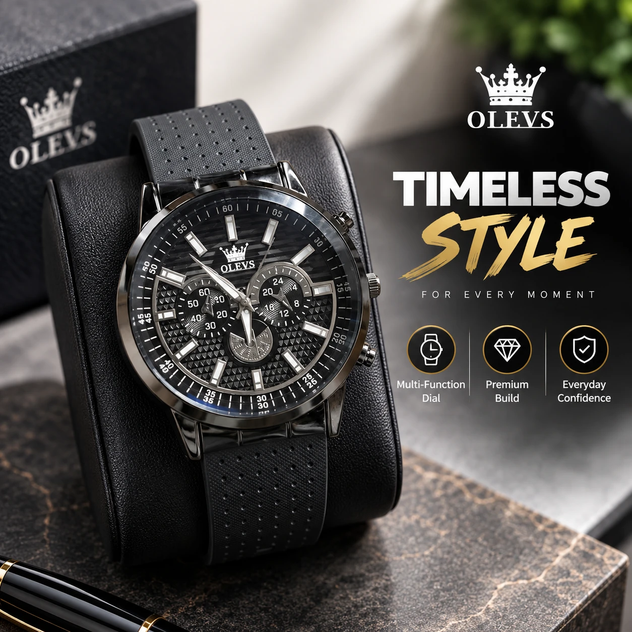 Olevs Men’s Skeleton Dial Sports Wristwatch – Bold Dark Metallic Luxury Timepiece with Perforated Black Silicone Strap, Chronograph-Style Push Buttons & Premium Casual Design