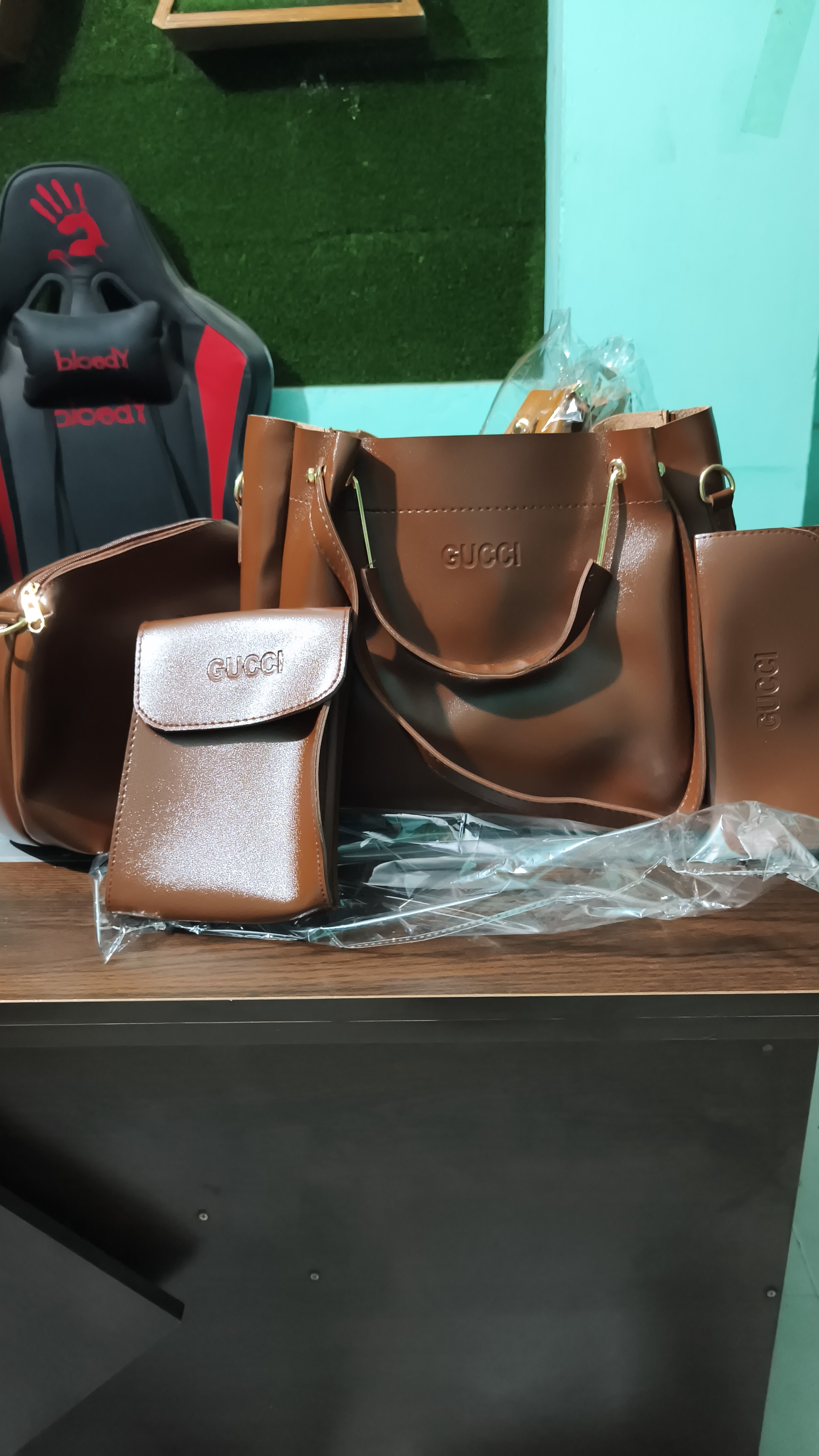 4-Piece (Chocolate)  Leather Bag Set)