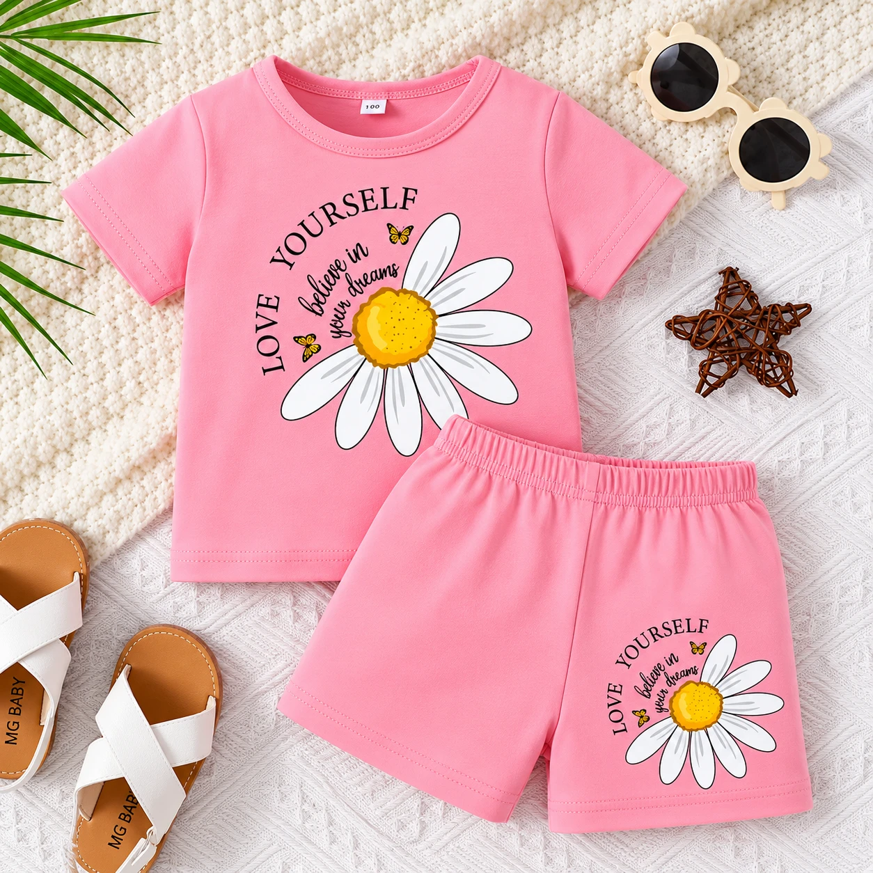 Cute Daisy Flower Printed Baby Girls' T-Shirt & Shorts Set - Pink
