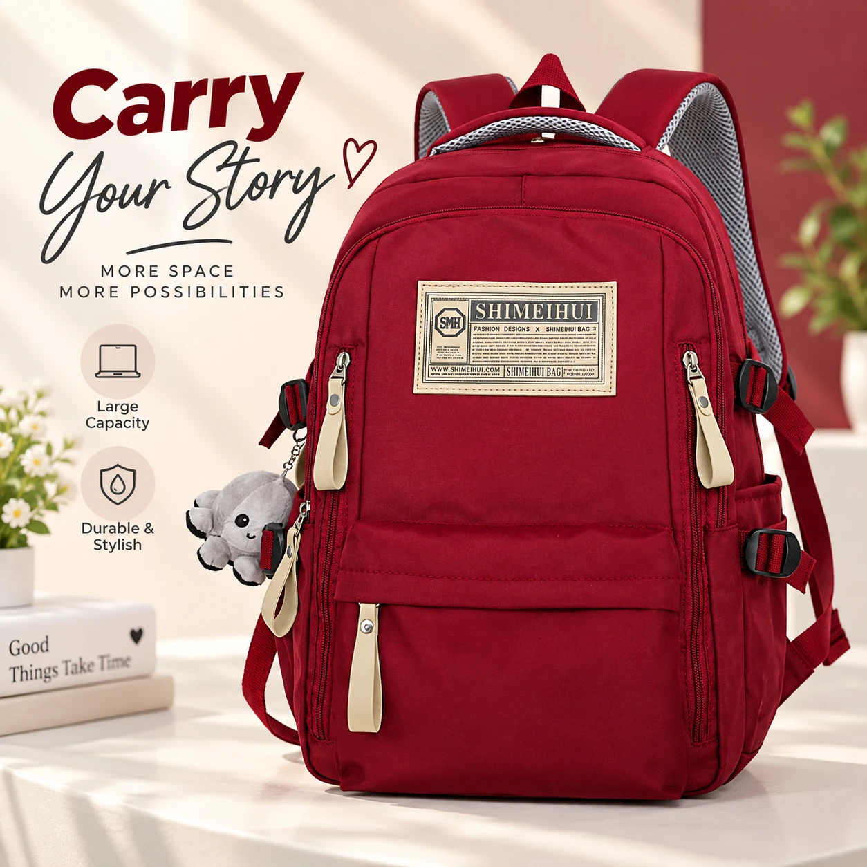 Aesthetic Large Capacity Red Backpack – Stylish Waterproof Casual Daypack with Multiple Spacious Compartments & Durable Easy-to-Clean Fabric for School, Travel & Daily Use