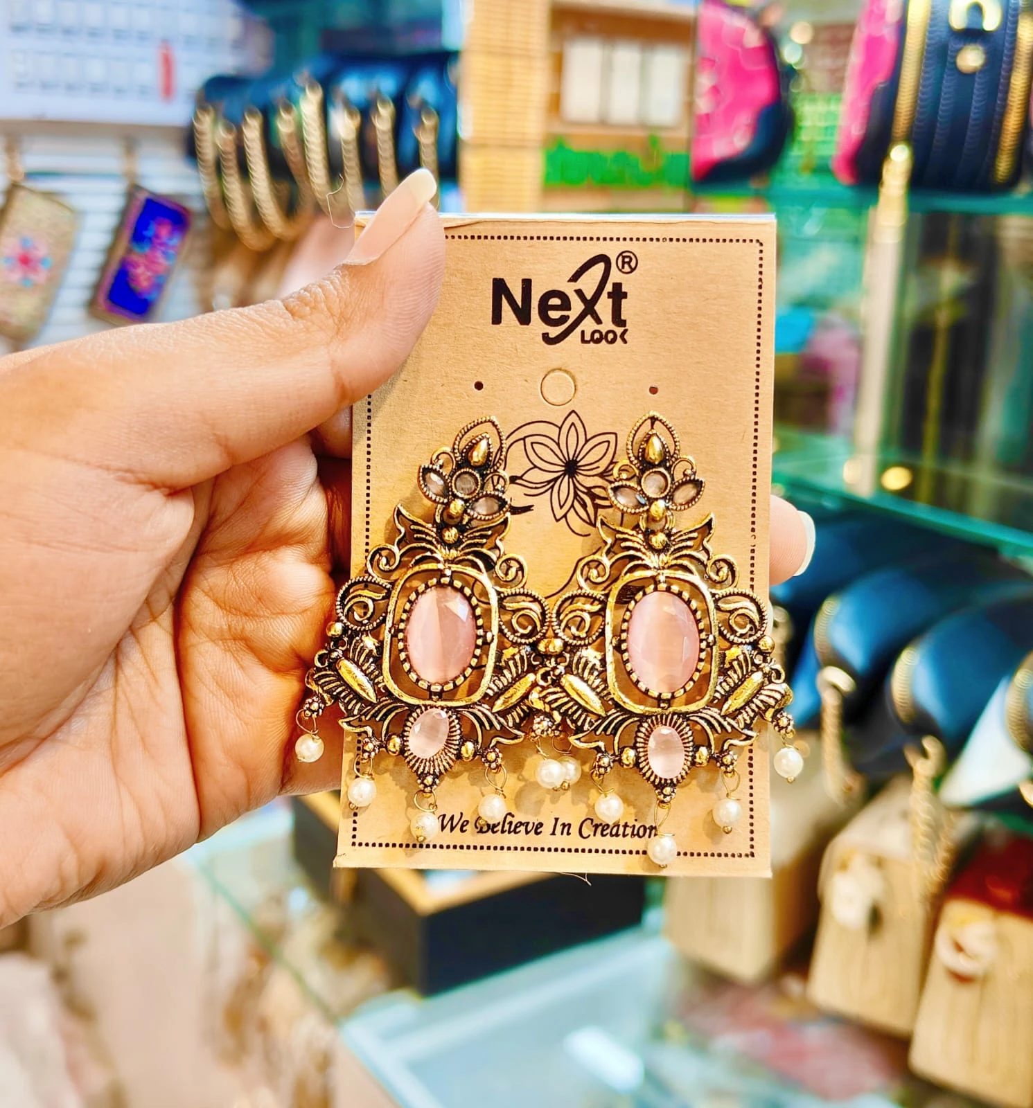 Antique Metal Soft Pink Stone and Pearl Drop Earrings