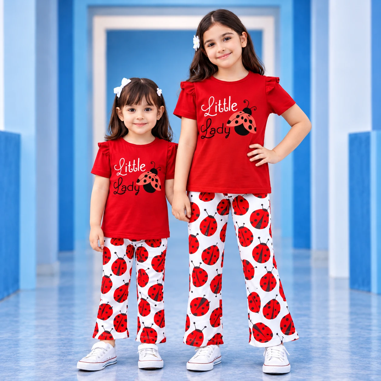 Cute Little Ladybug-Printed Red Two-Piece Set for Girls (Flutter Sleeve Top & Printed Pants Set)