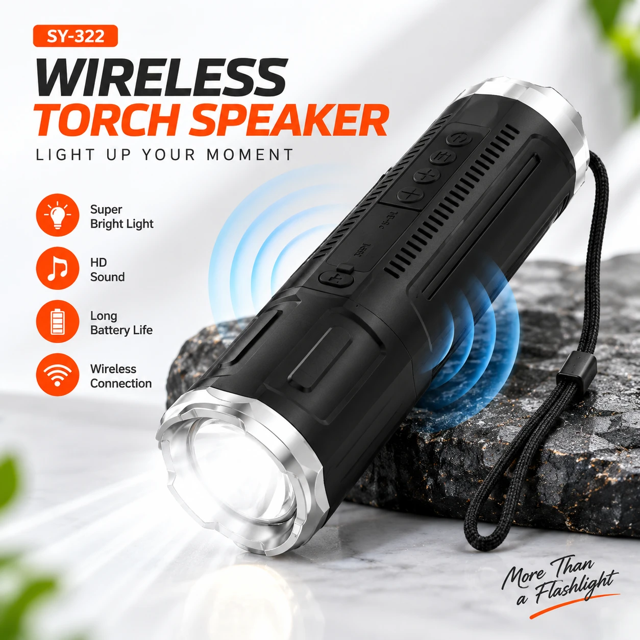 Deepartner Portable Bluetooth Outdoor Speaker – Wireless Mini Speaker with Zoomable Flashlight, 4 Dimming Modes, FM Radio & Long-Lasting Battery (140g)