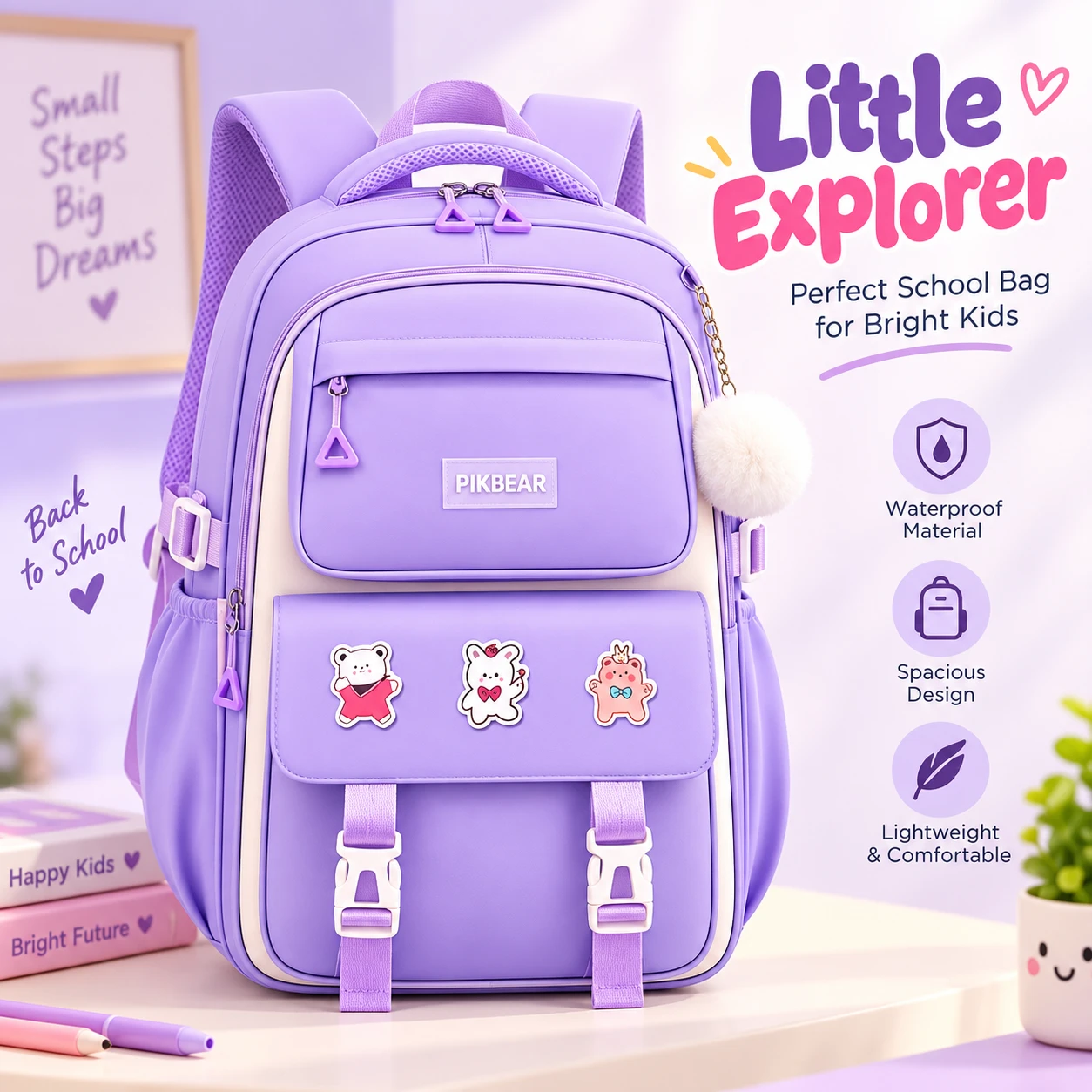 Ergonomic Waterproof Kids School Backpack (Purple) – Spine Protection Primary Bookbag with 3D Honeycomb Breathable Sponge, Large Capacity Oxford Fabric & Wide Padded Straps (32x19x47 cm)