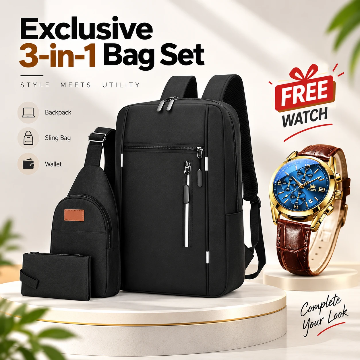 Exclusive 3-in-1 Women's Bag Combo Set + Free Olive Brand Watch – Premium Multi-Piece Pack Including Spacious Backpack, Trendy Crossbody Sling Bag & Daily Wallet for Travel & Casual Use